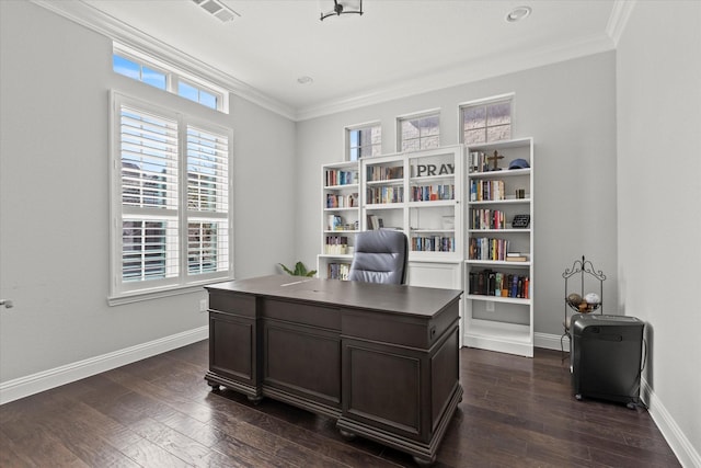 office space featuring visible vents, dark wood-style floors, and crown molding