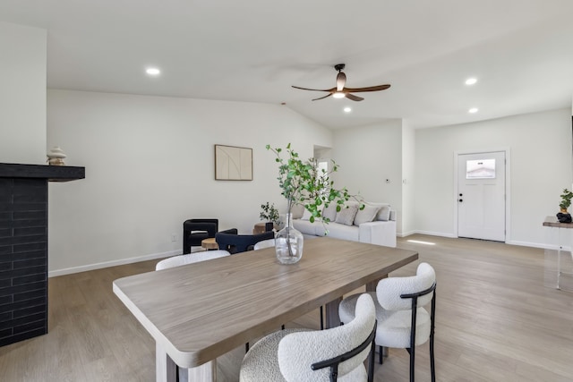 dining area featuring recessed lighting, baseboards, light wood-style floors, and ceiling fan