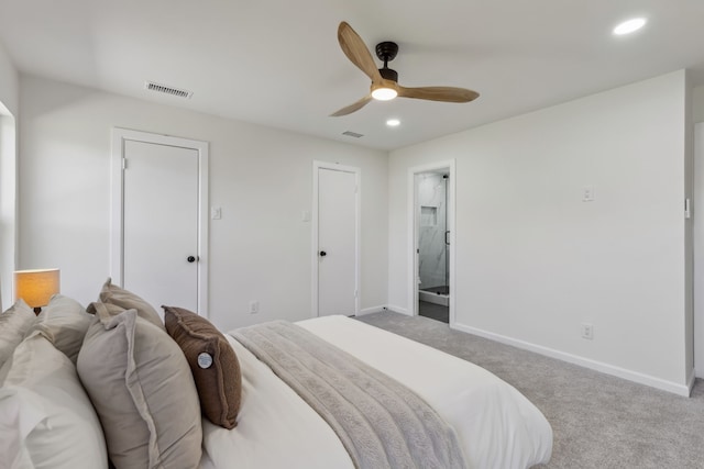 bedroom with visible vents, baseboards, carpet, recessed lighting, and a ceiling fan