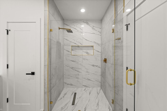 full bath with a marble finish shower and recessed lighting