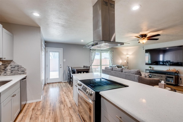 kitchen with light wood finished floors, decorative backsplash, stainless steel appliances, and island range hood