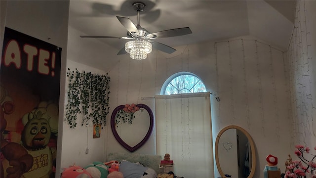 bedroom with vaulted ceiling and ceiling fan