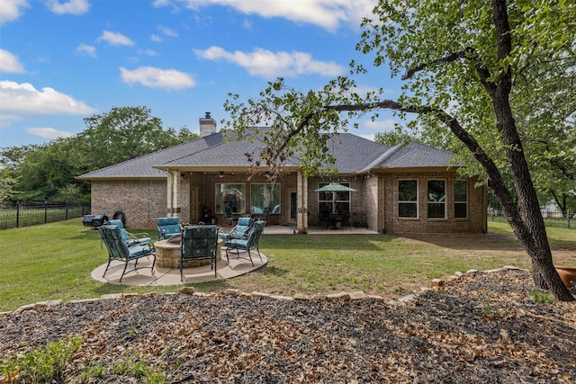 117 Birdie Dr, Lipan, TX 76462 - back of property with a patio area, brick siding, a shingled roof, and a chimney