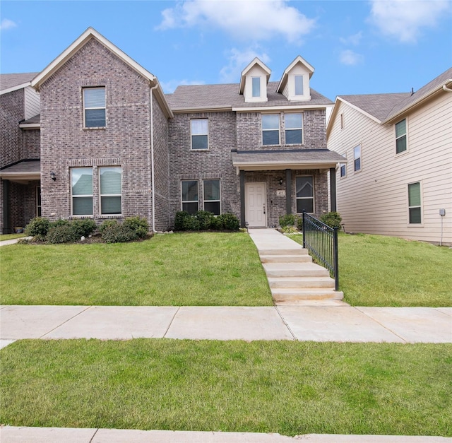 view of front facade with brick siding and a front lawn