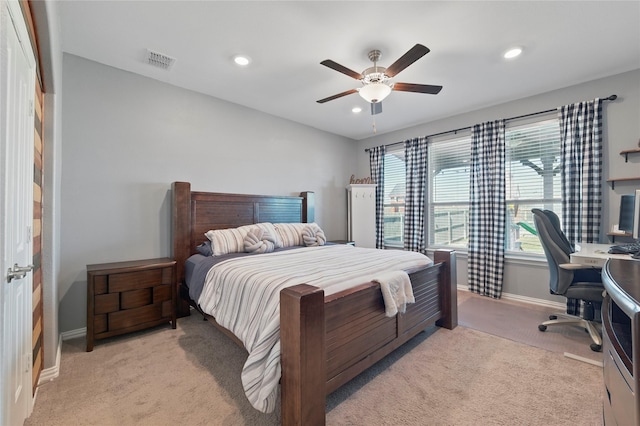 bedroom with visible vents, baseboards, recessed lighting, ceiling fan, and light colored carpet