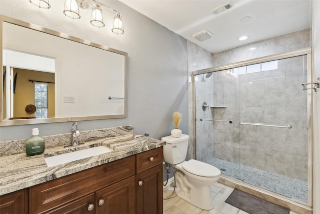 bathroom with visible vents, toilet, a healthy amount of sunlight, and a shower stall