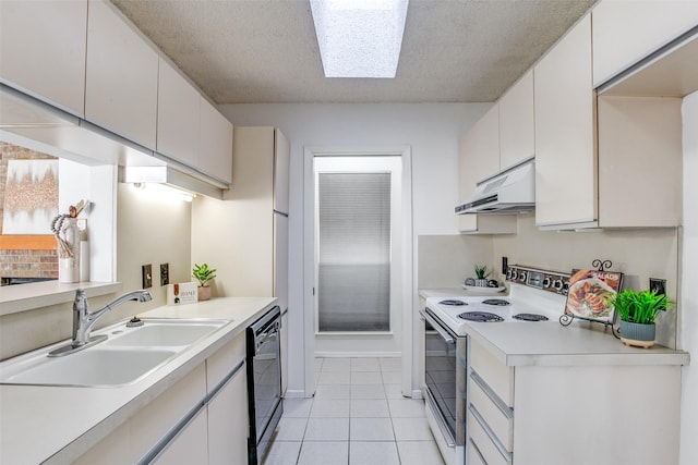 kitchen featuring white electric stove, a sink, light countertops, under cabinet range hood, and dishwasher