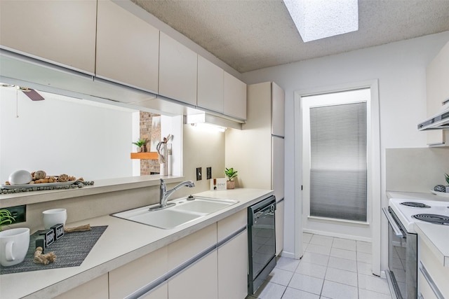 kitchen featuring dishwasher, light countertops, electric stove, a textured ceiling, and a sink