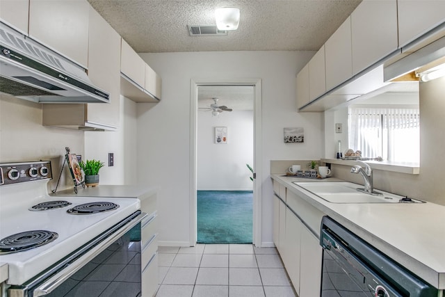 kitchen with visible vents, under cabinet range hood, black dishwasher, electric stove, and a sink