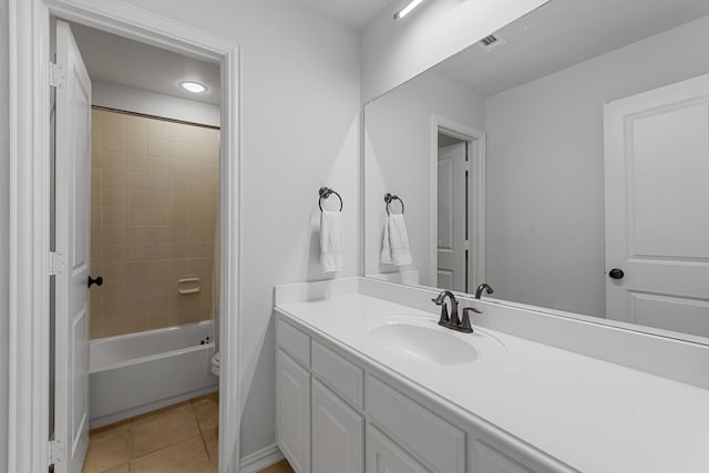 full bath featuring visible vents, toilet, shower / bathing tub combination, tile patterned floors, and vanity