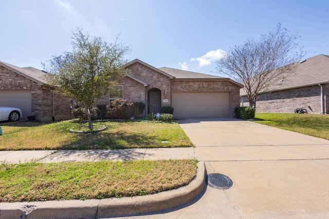 view of front of home with a garage, brick siding, concrete driveway, and a front lawn