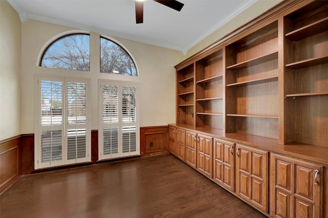 unfurnished office with a ceiling fan, dark wood finished floors, wainscoting, and ornamental molding