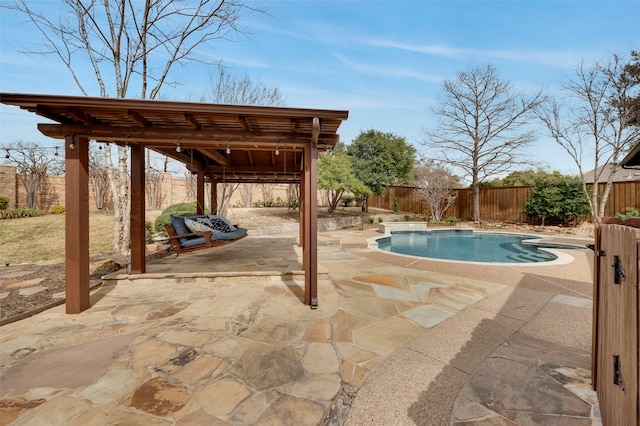 view of pool featuring a fenced in pool, a fenced backyard, and a patio area