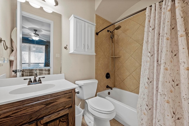 full bath with toilet, shower / bath combination with curtain, ceiling fan, vanity, and a textured wall