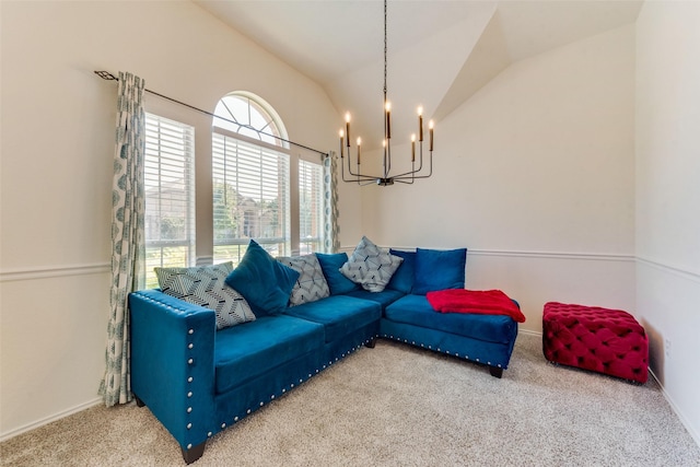 living room featuring baseboards, a notable chandelier, carpet flooring, and vaulted ceiling