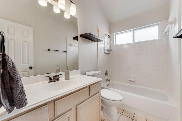 full bathroom with tile patterned floors, toilet, vanity, and  shower combination