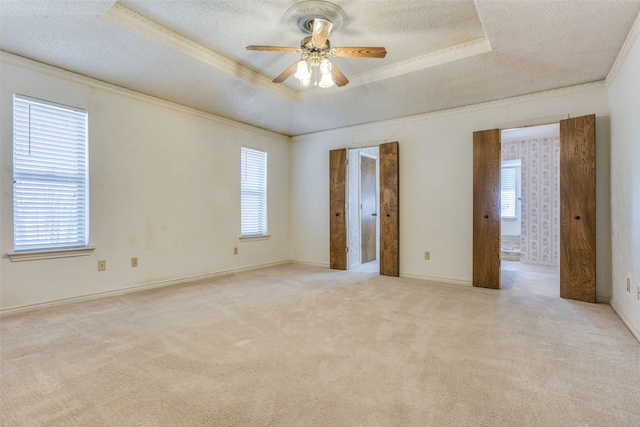 unfurnished room featuring a tray ceiling, crown molding, light colored carpet, and a textured ceiling