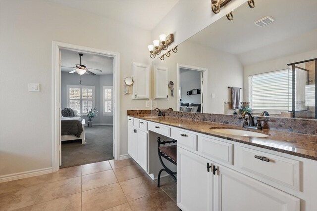 108 Zion Ln, Forney, TX 75126 - full bathroom featuring connected bathroom, a ceiling fan, double vanity, baseboards, and tile patterned floors