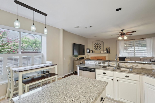 kitchen featuring open floor plan, a healthy amount of sunlight, dishwasher, and a sink