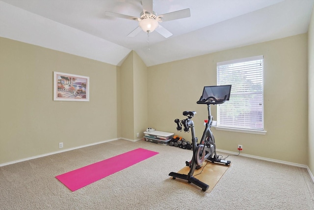 workout room with baseboards, lofted ceiling, carpet floors, and ceiling fan