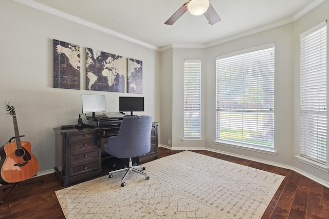 office with ornamental molding, baseboards, ceiling fan, and dark wood-style flooring