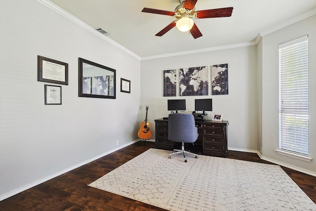 office with dark wood-style floors, baseboards, visible vents, ceiling fan, and crown molding