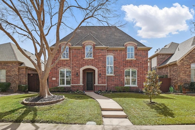 view of front of home featuring brick siding, a shingled roof, a front lawn, and fence