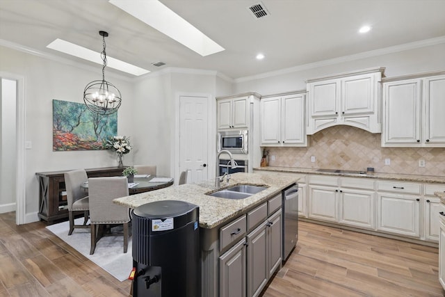 kitchen with a sink, visible vents, appliances with stainless steel finishes, and a skylight