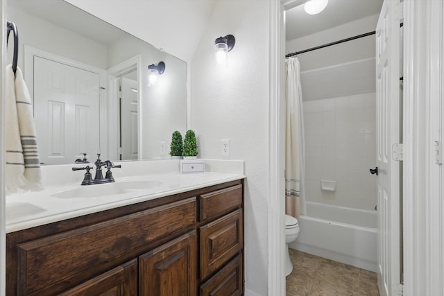 full bathroom featuring tile patterned floors, toilet, vanity, and shower / bathtub combination with curtain