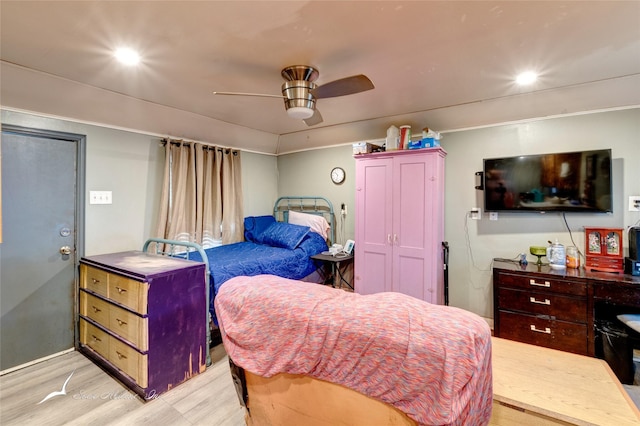 bedroom featuring recessed lighting, ceiling fan, and light wood-style floors