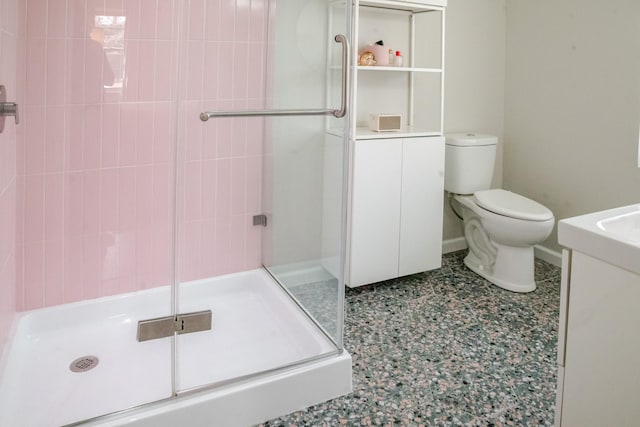 full bathroom featuring vanity, toilet, and a stall shower