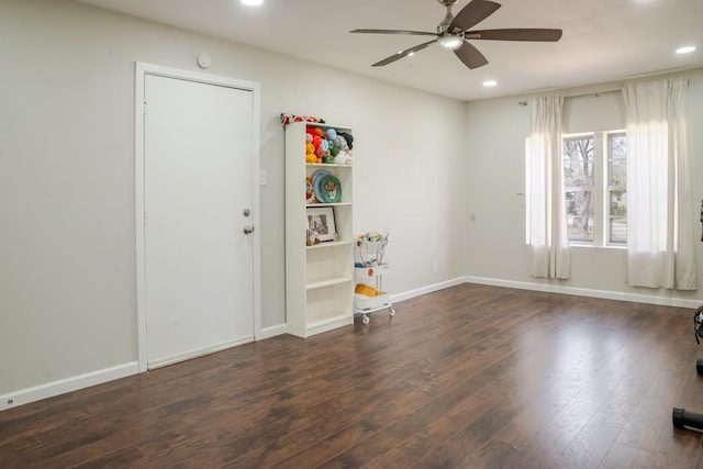 unfurnished room featuring recessed lighting, baseboards, wood finished floors, and ceiling fan