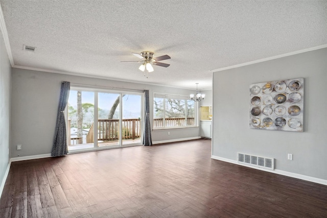 unfurnished living room with visible vents, ceiling fan with notable chandelier, and dark wood-type flooring