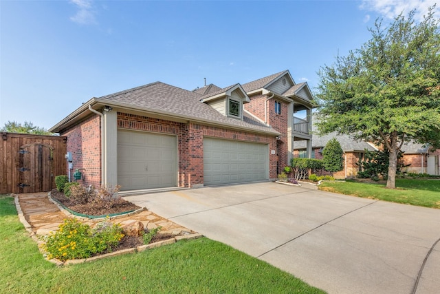 view of front of property with brick siding, an attached garage, concrete driveway, and roof with shingles