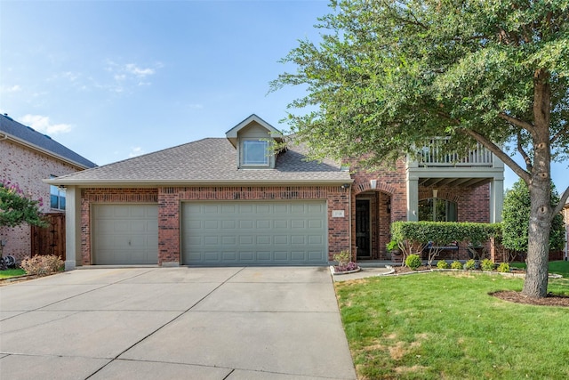 view of front of house featuring brick siding, a shingled roof, a front yard, a garage, and driveway