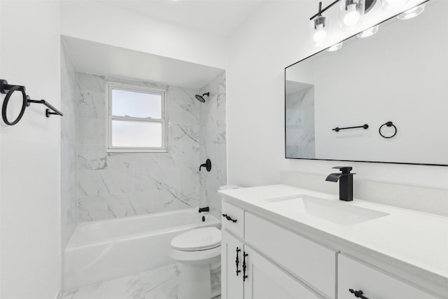 full bath with vanity, bathing tub / shower combination, toilet, and marble finish floor