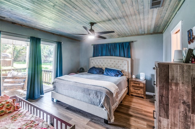 bedroom with a ceiling fan, wood finished floors, visible vents, access to exterior, and wooden ceiling