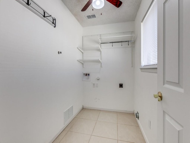 clothes washing area with visible vents, electric dryer hookup, laundry area, and a ceiling fan