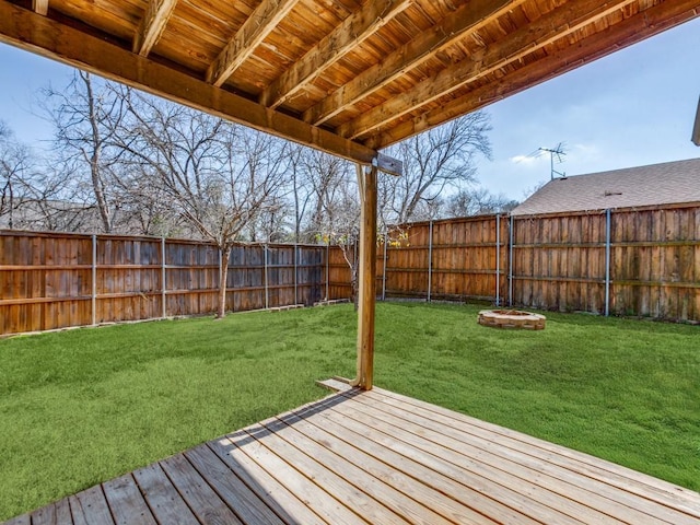 view of yard with a fenced backyard and a wooden deck