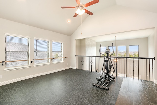 workout room featuring baseboards, high vaulted ceiling, and ceiling fan