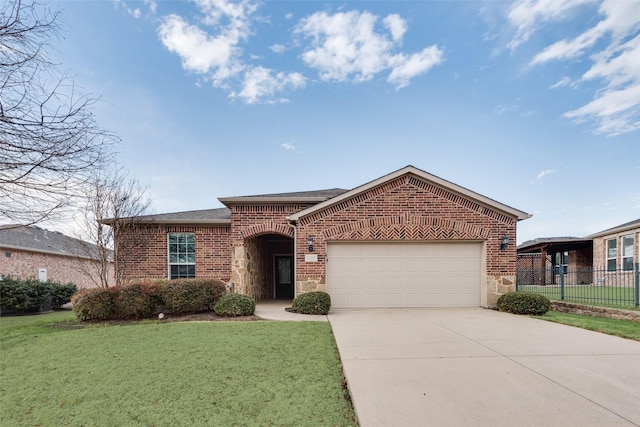 ranch-style home featuring fence, concrete driveway, a front yard, a garage, and brick siding