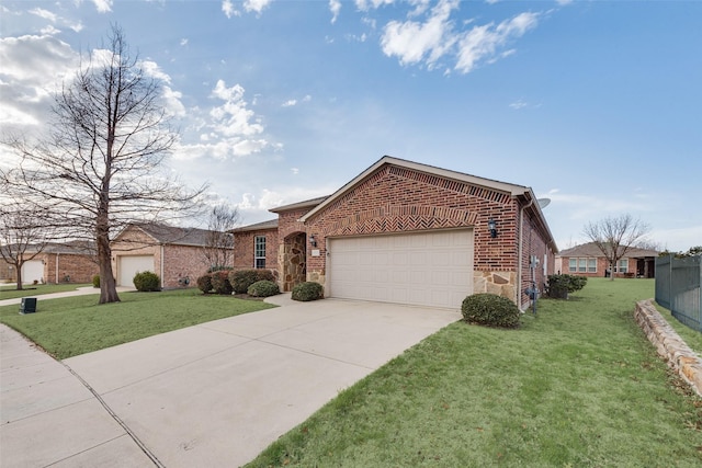 single story home featuring driveway, brick siding, an attached garage, and a front lawn