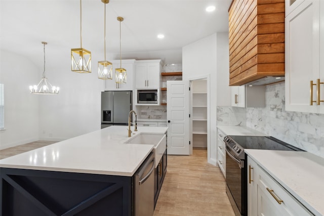 kitchen with backsplash, stainless steel appliances, an inviting chandelier, and open shelves