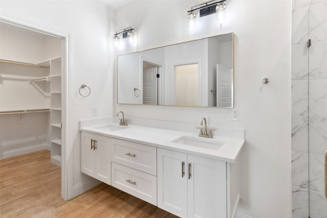 bathroom with double vanity, a spacious closet, wood finished floors, and a sink