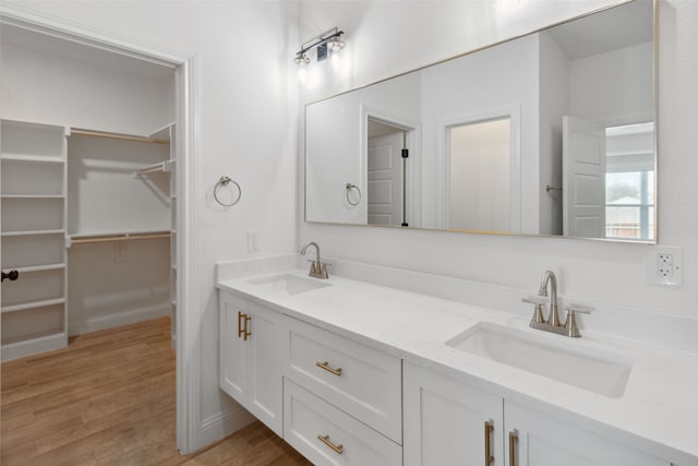 bathroom featuring a spacious closet, double vanity, wood finished floors, and a sink