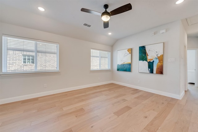 spare room featuring recessed lighting, a ceiling fan, visible vents, and light wood-type flooring