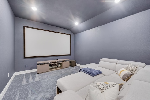 carpeted cinema room with recessed lighting, baseboards, and lofted ceiling