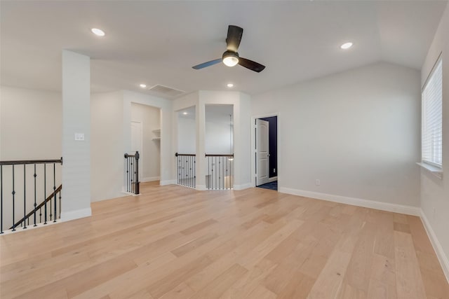 spare room with visible vents, recessed lighting, light wood-style floors, and ceiling fan