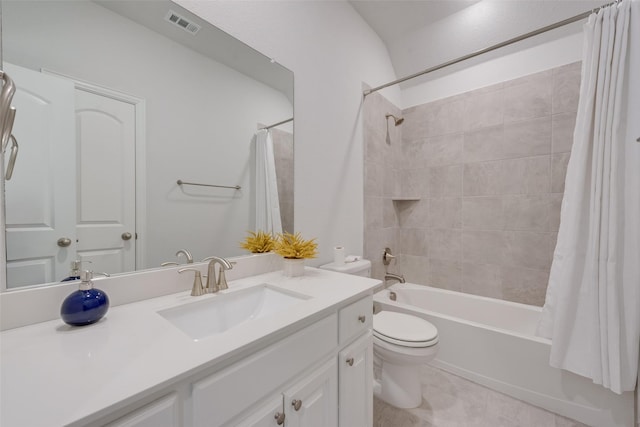 full bath with visible vents, toilet, vanity, and shower / bath combination with curtain