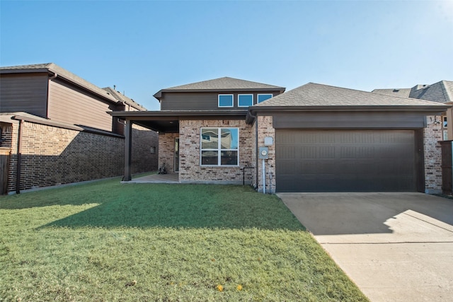 view of front facade with a front yard, an attached garage, brick siding, and driveway